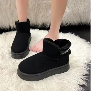 2023 г., новые зимние брендовые теплые женские нескользящие плюшевые зимние ботинки на толстой подошве, замшевые женские повседневные короткие ботинки с круглым носком