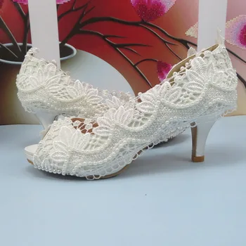 2023 Новое поступление, Белые кружевные свадебные туфли для новобрачных с открытым носком, женские модные вечерние туфли-лодочки на платформе с рыбьим носком на мелком тонком каблуке
