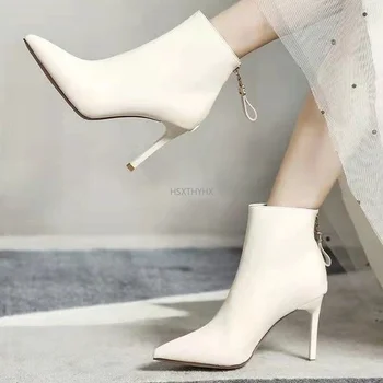 2023 Новые женские ботинки Модные Ботильоны на тонком высоком каблуке, Пикантные Ботинки на молнии с острым носком, осенне-зимняя женская обувь, белые ботинки