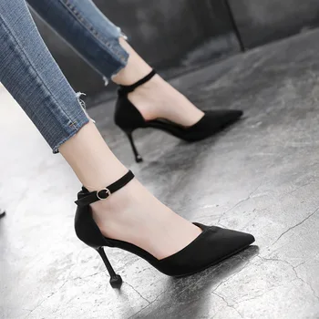 30-44 Заостренных каблука-шпильки, Маленький размер 31 32 33, Сандалии с пряжкой, женская обувь на черном каблуке