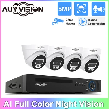 4CH H.265 + 4K POE NVR Комплект Система Видеонаблюдения Двухстороннее Аудио 5-Мегапиксельная IP-Камера с Искусственным Интеллектом Красочный Ночной Комплект Видеонаблюдения В помещении