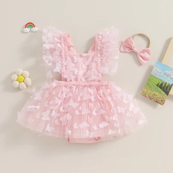 BeQeuewll/ летнее платье-ползунки для новорожденных девочек, фатиновый комбинезон с квадратным вырезом и рукавом-бабочкой с 3D принтом, с повязкой на голову