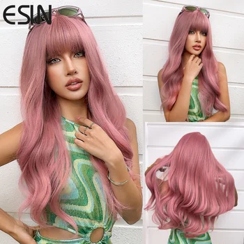ESIN 26 Дюймов Длинные Розовые Волнистые Синтетические Парики для Женщин Косплей Парик Для Вечеринки С Челкой Из Высокопрочных Волокнистых Волос