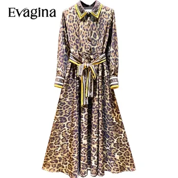 Evagina Fashion Бриллиантовое платье с леопардовым принтом на шнуровке, весенне-летнее женское платье с рукавом-фонариком и отложным воротником, праздничные длинные платья