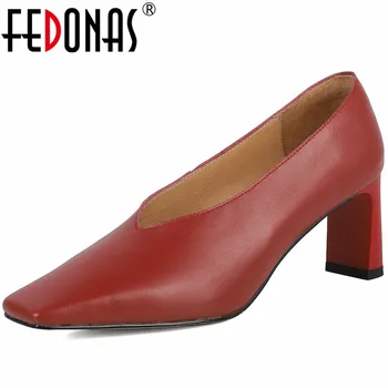 FEDONAS Элегантные офисные женские туфли-лодочки для женщин, весна-лето, квадратный носок, высокие каблуки, натуральная кожа, рабочие туфли-лодочки для зрелых, женская обувь