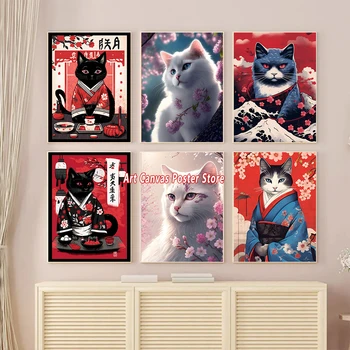 Абстрактная цветочная настенная картина с мультяшными животными для домашнего декора в гостиной, японское искусство, плакат с изображением вишни в цвету, холст, живопись