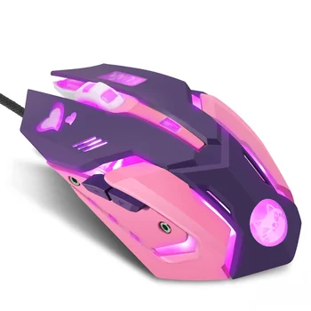 Бесшумная розовая Светло-фиолетовая светящаяся симпатичная компьютерная мышь в стиле аниме, проводная Оптоэлектронная игровая мышь