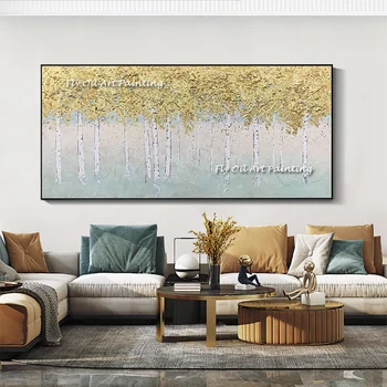 Большие картины маслом ручной росписи на холсте, абстрактная картина из золотой фольги, настенная картина без рамки для домашнего декора в гостиной