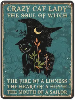Ведьма Декор Черный Кот Плакат Металлическая Жестяная Вывеска Crazy Cat Lady Подарки В помещении и На Открытом Воздухе Домашний Бар Кофе Кухня Декор Стен