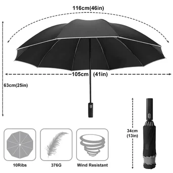 Ветрозащитный автоматический зонт с обратным ходом от дождя, женские Мужские автомобильные зонты для крупного бизнеса, 3 складывающиеся, 10 ребер, Светоотражающая полоса, Paraguas