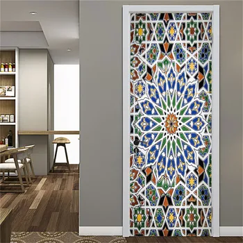Витражные обои для дверей Имитация 3D дверных наклеек Самоклеящийся домашний декор Водонепроницаемый Съемный плакат для дома