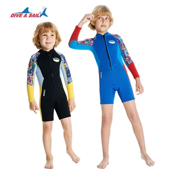 Детский теплый водолазный костюм из 2,5 мм неопрена, цельный гидрокостюм с длинными рукавами и мультяшным рисунком, открытый купальник для подводного плавания, серфинга, плавания.