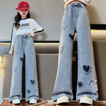 Джинсовые широкие брюки с сердечками для девочек, расклешенные брюки большого размера, свободные джинсы для девочек, повседневная детская весенняя одежда для детей