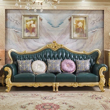 Диван, гостиная в европейском стиле, роскошная большая кожаная мебель для гостиной, полностью из массива дерева цвета шампанского