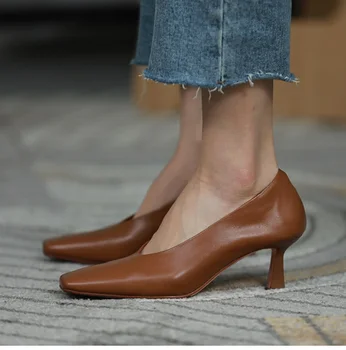 Дизайнерские туфли-лодочки на тонком каблуке 6 см, вечерние туфли на высоком каблуке в Корейском стиле с квадратным носком, Элегантные Женские туфли-лодочки из натуральной воловьей кожи