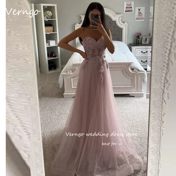 Длинные платья для выпускного вечера из розового тюля Verngo Blush, вечерние платья с кружевной аппликацией в виде сердца, элегантное платье подружки невесты для гостей свадебной вечеринки
