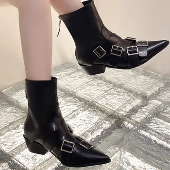 Женская обувь 2023, высококачественные осенне-зимние женские ботинки без застежки с пряжкой, однотонные женские туфли на среднем каблуке с острым носком