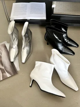 Женские ботинки, пуанты, Сапоги-Женская зимняя обувь, Роскошная дизайнерская заостренная резина, Осень 2023, Модные туфли-лодочки на высоком каблуке на шнуровке
