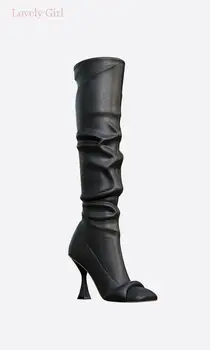 Женские высококачественные сапоги до колена из натуральной кожи черного и белого цвета с острым носком и складками, женские ботинки