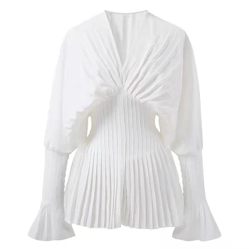 Женские Свободные белые рубашки в складку с V-образным вырезом, элегантная повседневная шифоновая рубашка, женские топы с длинными рукавами-фонариками, блузки 2023 г.