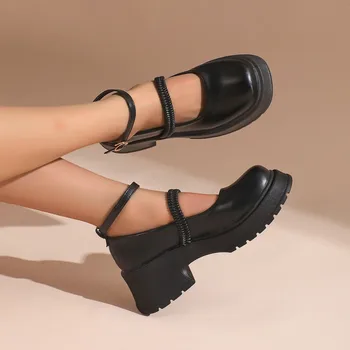 Женские туфли-лодочки на платформе с ремешком на щиколотке, винтажные черные туфли Mary Jean на толстом каблуке, женские туфли из искусственной кожи с круглым носком 2023 года выпуска