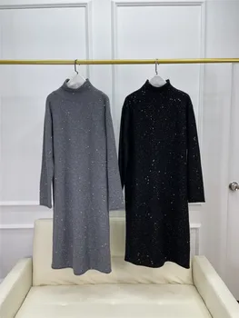 Женское кашемировое платье-свитер с высоким воротником и пайетками, свободный толстый пуловер, прямая юбка средней длины, ранняя новинка 2024 года