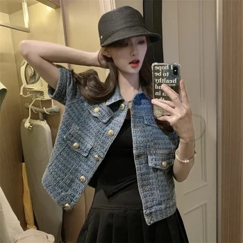 Женское новое летнее модное джинсовое пальто с коротким рукавом в стиле ретро 2023, женская куртка свободного кроя.