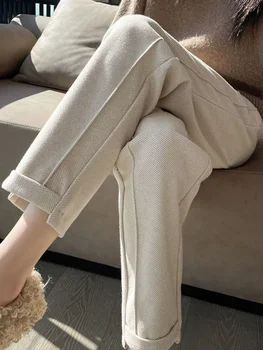 Зимние утепленные Женские шерстяные брюки 2023, Новые модные шаровары, свободная Повседневная Корейская уличная одежда в елочку, теплая Укороченная одежда LJ424