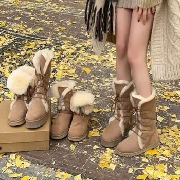 Зимняя теплая плюшевая хлопчатобумажная обувь, женские уличные повседневные зимние ботинки на шнуровке, нескользящие этнические Мягкие длинные ботинки на толстой подошве 2024