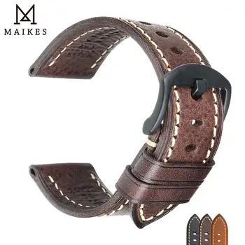 Кожаный ремешок для часов ручной работы MAIKES 20 мм 22 мм 24 мм, ремешки из воловьей кожи с черной пряжкой для ремешка MIDO Rolex