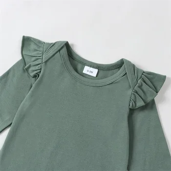 Комплект одежды для новорожденных девочек, клеш с цветочным рисунком, ползунки с рукавами и оборками, Оливково-зеленый наряд