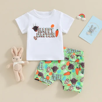 Комплект пасхальных нарядов для новорожденных мальчиков, шорты, комплект из 2 предметов, футболка с принтом коровьей моркови с коротким рукавом, шорты с карманами, комплект одежды для малышей