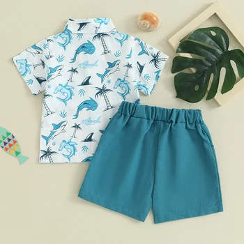 Комплекты летних шорт для маленьких мальчиков, топы с короткими рукавами и отворотами с китовым принтом и однотонные комплекты шорт