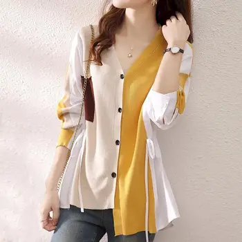 Корейская свободная блузка Женская мода Вязаный кардиган с отстрочкой на поясе Рубашка Летний тренд Верхняя одежда Тонкий топ Рубашка с чувством дизайна