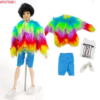 Красочная шуба, комплект одежды для куклы Кен, модная куртка, футболка, Синие шорты, Обувь для парня Барби, Аксессуары для кукол Кен