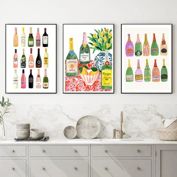 Красочный кухонный плакат Бутылка Шампанского Коктейль Печать на холсте Настенная художественная картина Декор столовой ресторана бара