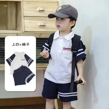 Летний комплект для мальчиков в стиле новой академии, Красивая детская футболка-поло с короткими рукавами и шортами, комплект из двух предметов