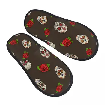 Меховые тапочки для женщин и мужчин Модные пушистые зимние теплые тапочки с сахарными черепами и розами Домашняя обувь