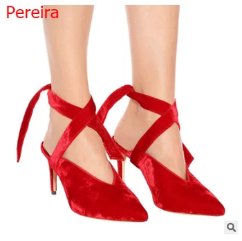 Милые и сексуальные классические бретельки из чистого красного и черного бархата; женские туфли на высоком каблуке с острым носком; женские летние туфли на один шаг