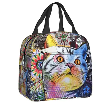 Милый кот с абстрактной росписью, изолированная сумка для ланча, портативный кулер, термальный ланч-бокс для женщин, сумки для школьных контейнеров для пикника