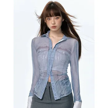 Модная офисная женская блузка с имитацией джинсовой ткани, Осенний лацкан, Длинный рукав, Тонкая Повседневная рубашка-ниша для женщин, топ