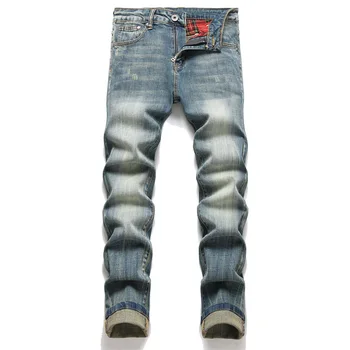 Модный бренд в европейском и американском стиле, синие мужские джинсы в клетку, уличная одежда в стиле хип-хоп, хлопковые джинсовые брюки, облегающие мужские повседневные джинсы