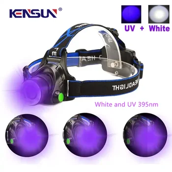 Мощный ультрафиолетовый налобный фонарь XPE White и 395nm LED с двойным источником света, перезаряжаемый зум, 4-режимный водонепроницаемый передний налобный фонарь