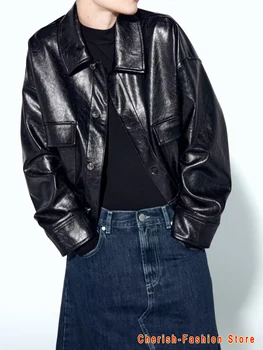 Новая женская свободная короткая Повседневная кожаная куртка черного цвета с длинным рукавом, куртка с открытым отворотом на пуговицах и карманом, бренд кожаного пальто