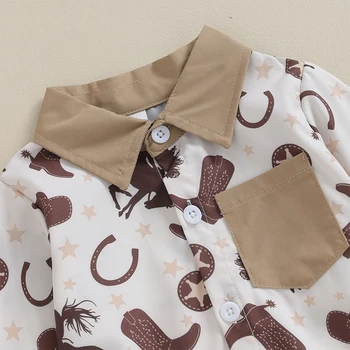 Одежда в западном стиле для маленьких мальчиков, рубашка на пуговицах с коровьим принтом, Комбинезон с лацканами, Боди, Осенний наряд 0-18 м