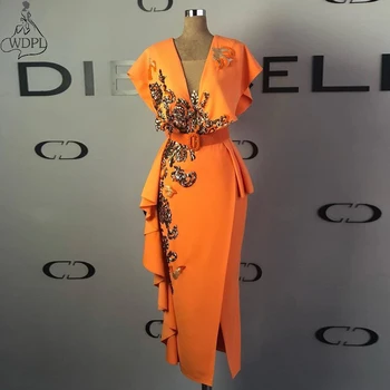 Оранжевые эластичные атласные платья для выпускного вечера длиной до чая с Vобразным вырезом и оборками Арабская женская официальная одежда для вечеринок с кружевными вставками с блестками