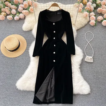 Осенне-зимнее Длинное черное платье для женщин, бархатное облегающее платье с U-образным вырезом и длинным рукавом, элегантное женское платье с разрезом