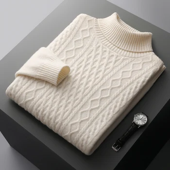 Осенне-зимний мужской вязаный пуловер с высоким воротом из 100% шерсти мериноса, утолщенная нижняя рубашка большого размера, модный теплый топ.