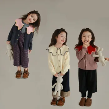 Осенний однотонный вязаный кардиган для девочек, модный детский свитер для девочек с длинным рукавом
