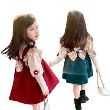 Осенью 2021 года Новый вельветовый жилет для девочек с бантом, юбка + рубашка с длинными рукавами в виде цветочного пузыря, костюм из 2 предметов для детей 1-5 лет